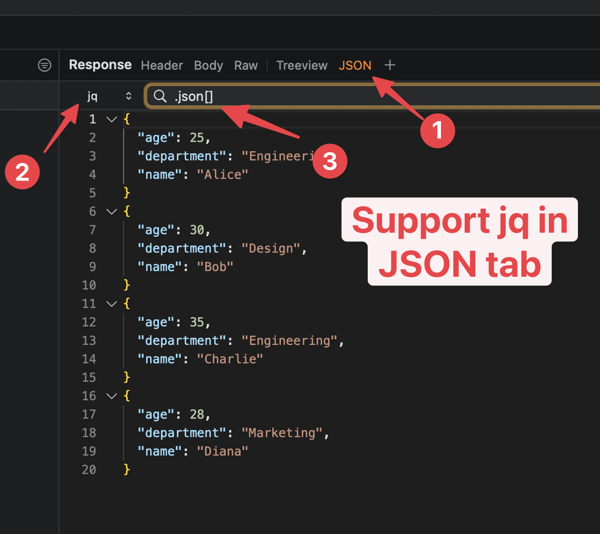 jq filter in the JSON Tabs
